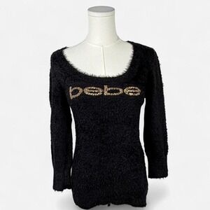 Vintage bebe fuzzy rhinestone logo sweater top black y2k mcbling medium